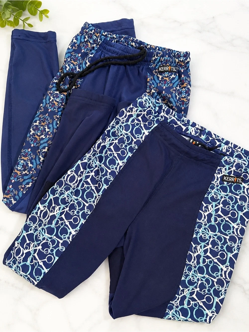 Kerrits Kids Navy Blue Leggings with Patterned Side Panels